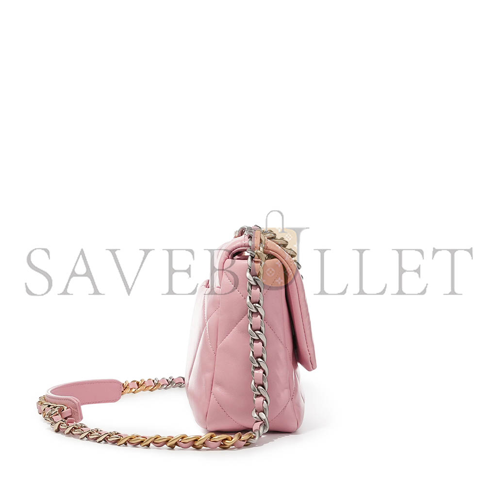 CHANEL BABY PINK QUILTED LAMBSKIN 19 FLAP BAG PALE GOLD AND RUTHENIUM HARDWARE AS1160 (26*16*9cm)